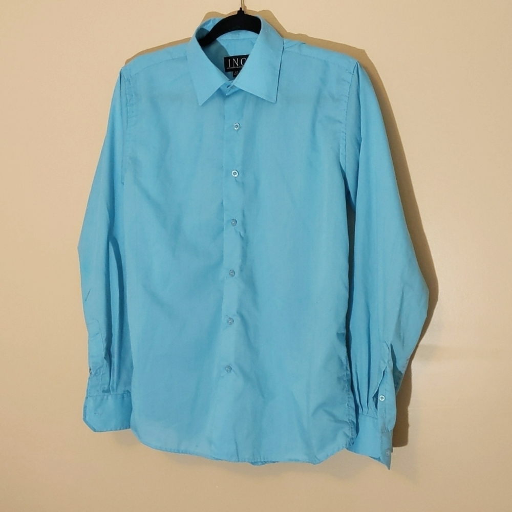 INC| Blue Button Down Dress Shirt Front pocket Polyester Cotton mix